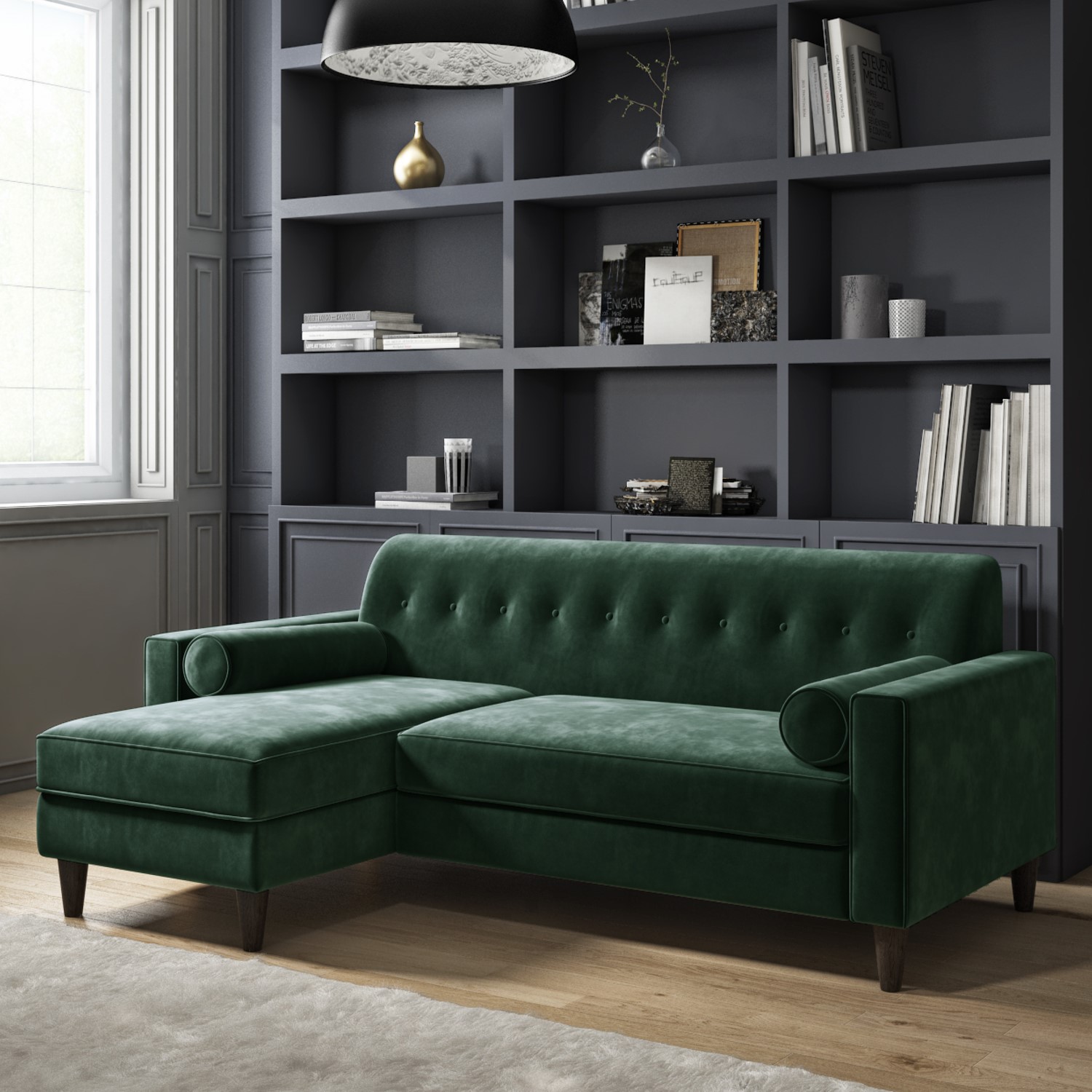Read more about Green velvet left hand l shaped sofa seats 3 idris